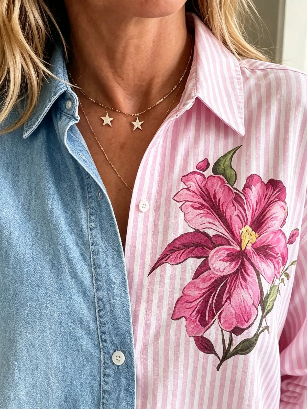 Women's Patchwork Denim Striped Floral Shirt