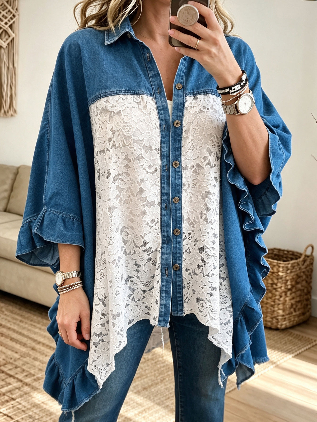 Women Denim Lace Spliced Jacket Oversized Batwing Sleeve Button Down Ruffle Hem Outerwear