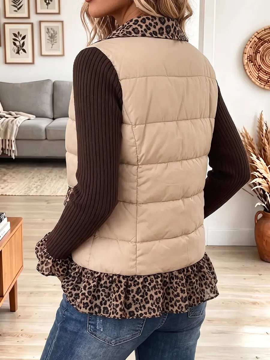 Vintage Elegant Leopard Print Ruffled Patchwork Quilted Winter Jacket