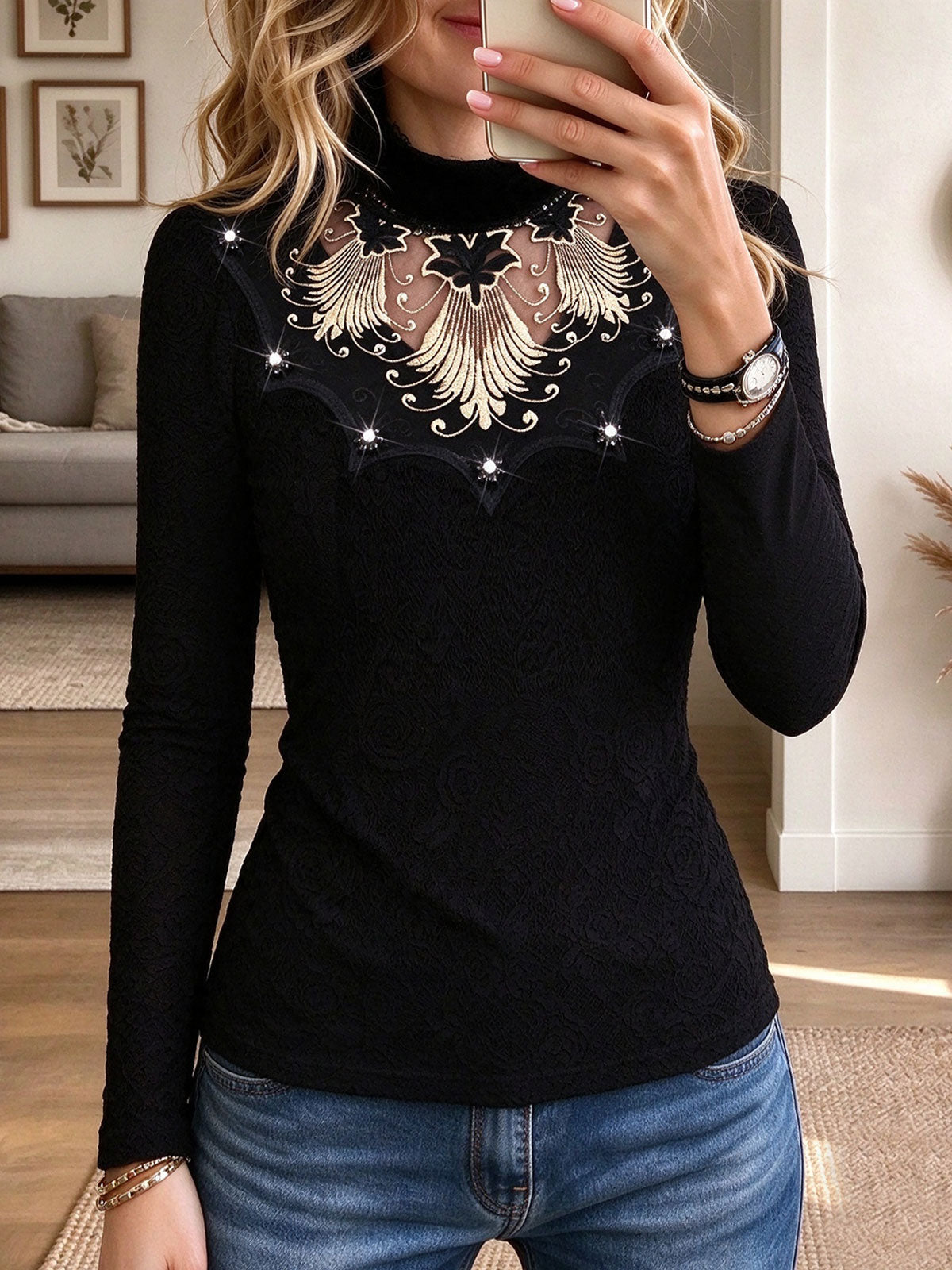 Women's Black High Neck Long Sleeve Top with Sparkly Rhinestone Peacock Pattern
