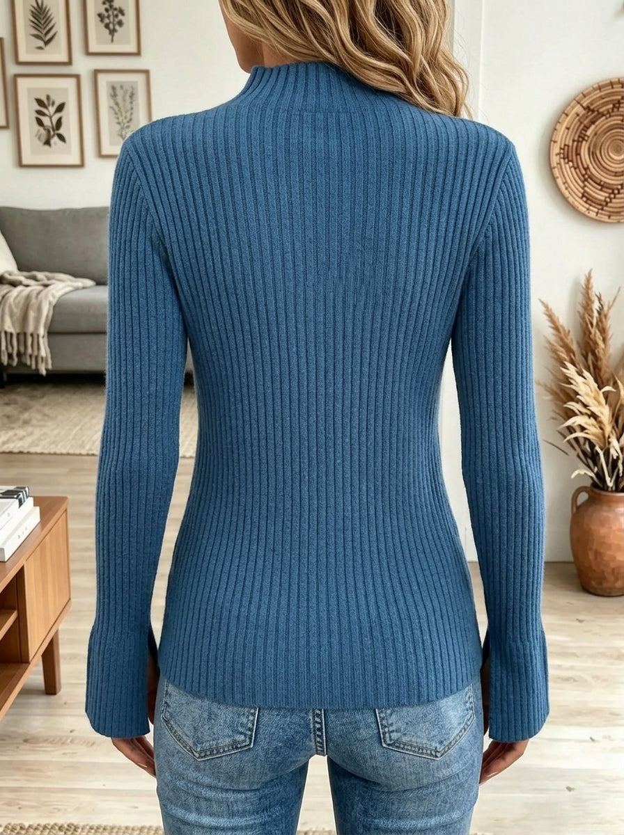 Women's Mock Neck Asymmetric Button Ribbed Sweater