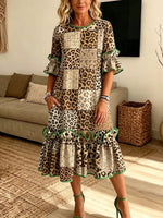 Retro Leopard Patchwork Pattern Art Print Casual Ruffle Stylish Cotton Linen Dress