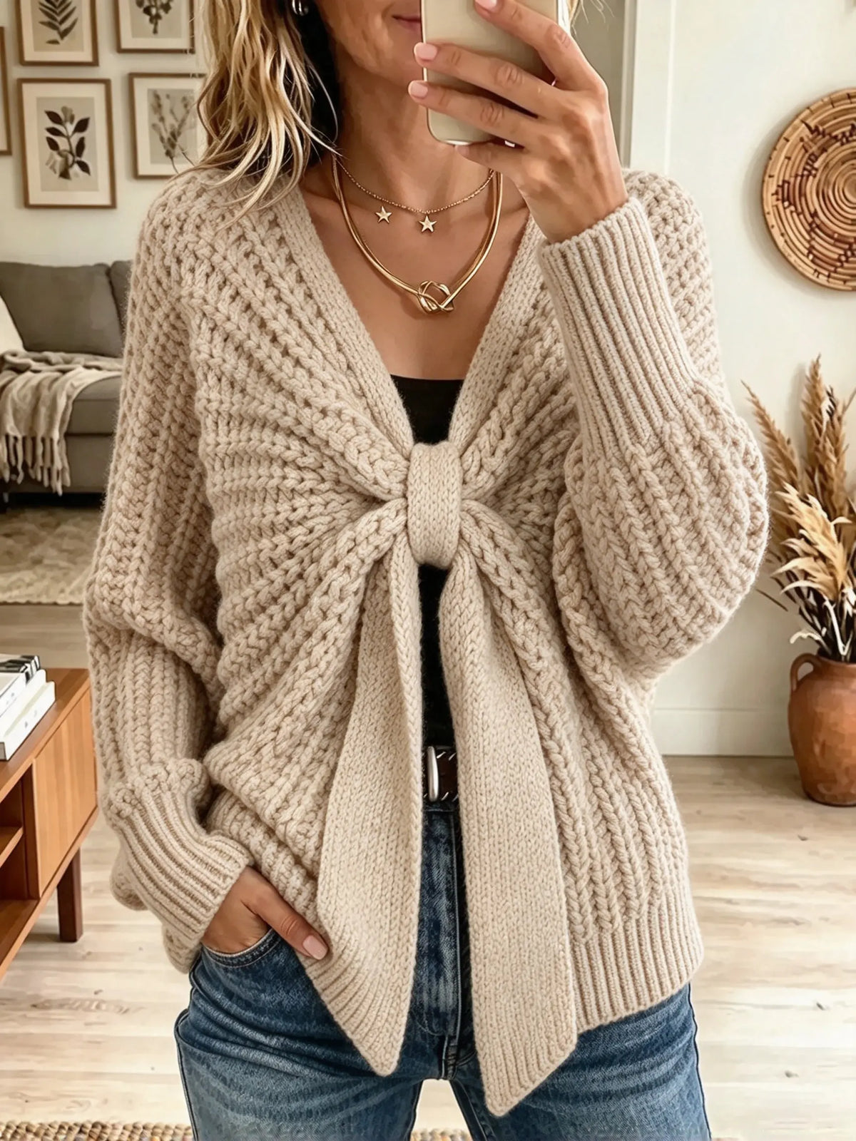 Women's Front Tie Cable Knit Cardigan