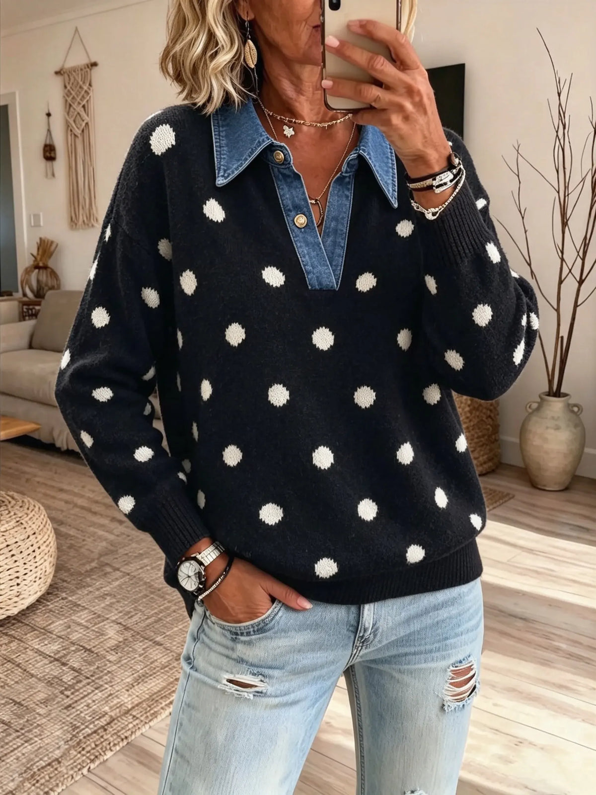 Women Polka Dot Print Denim Collar Fake Two Piece Knit Long Sleeve Top