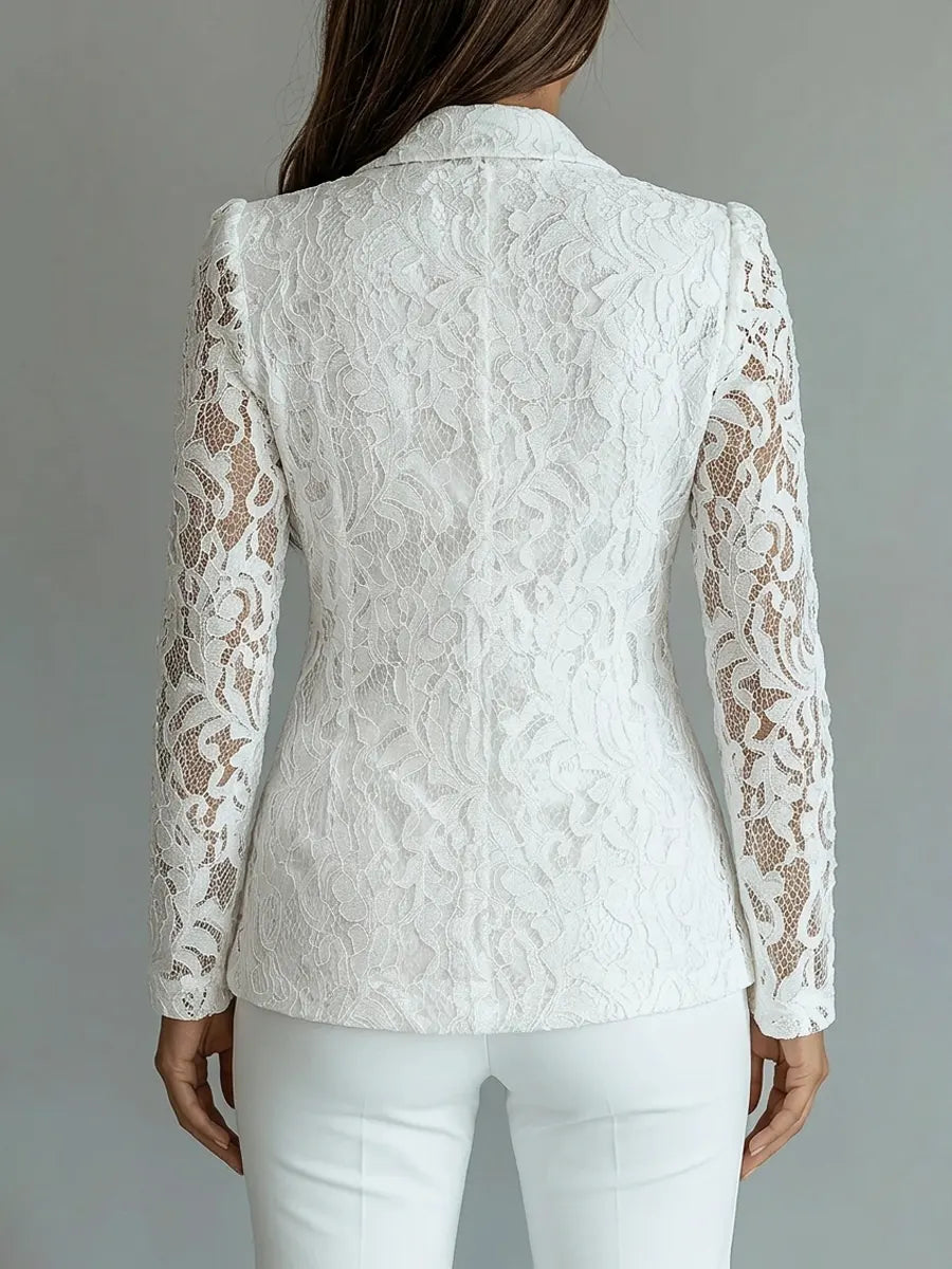 Retro Floral Lace Hollow Art Casual Stylish Long Sleeve Lapel Coat