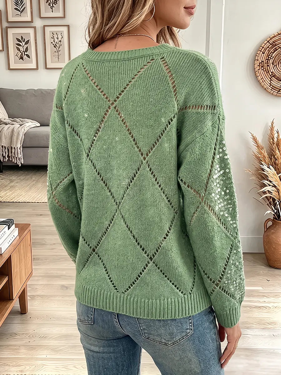 Vintage Elegant Openwork Sequined Knit Sweater