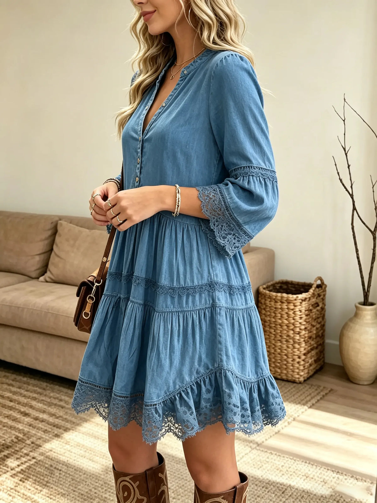 Women's Lace Trim Tiered Mini Dress
