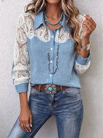 Women Lace‑Spliced Collared Linen‑Style Blouse