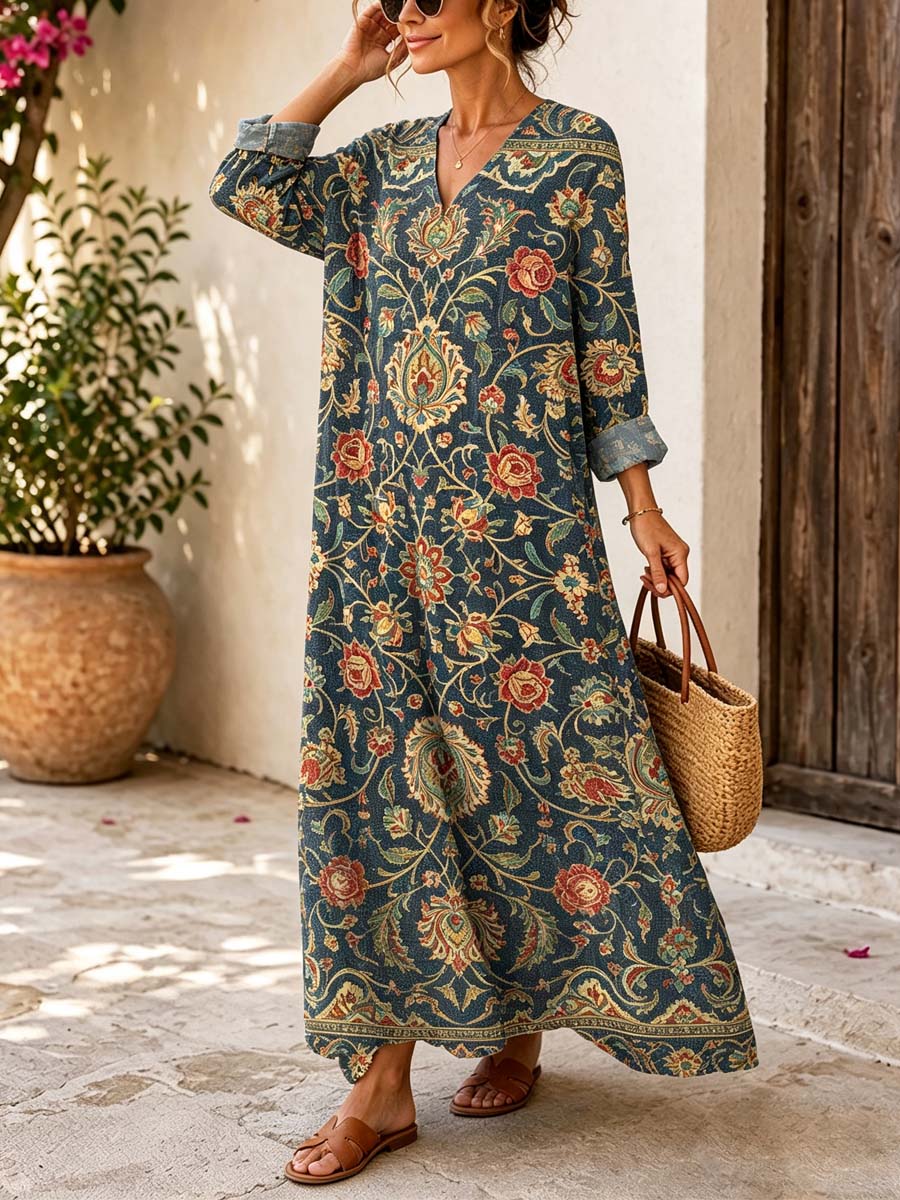 Retro Ethnic Floral Pattern Art Print Casual V-neck Long Sleeve Cotton Linen Maxi Dress