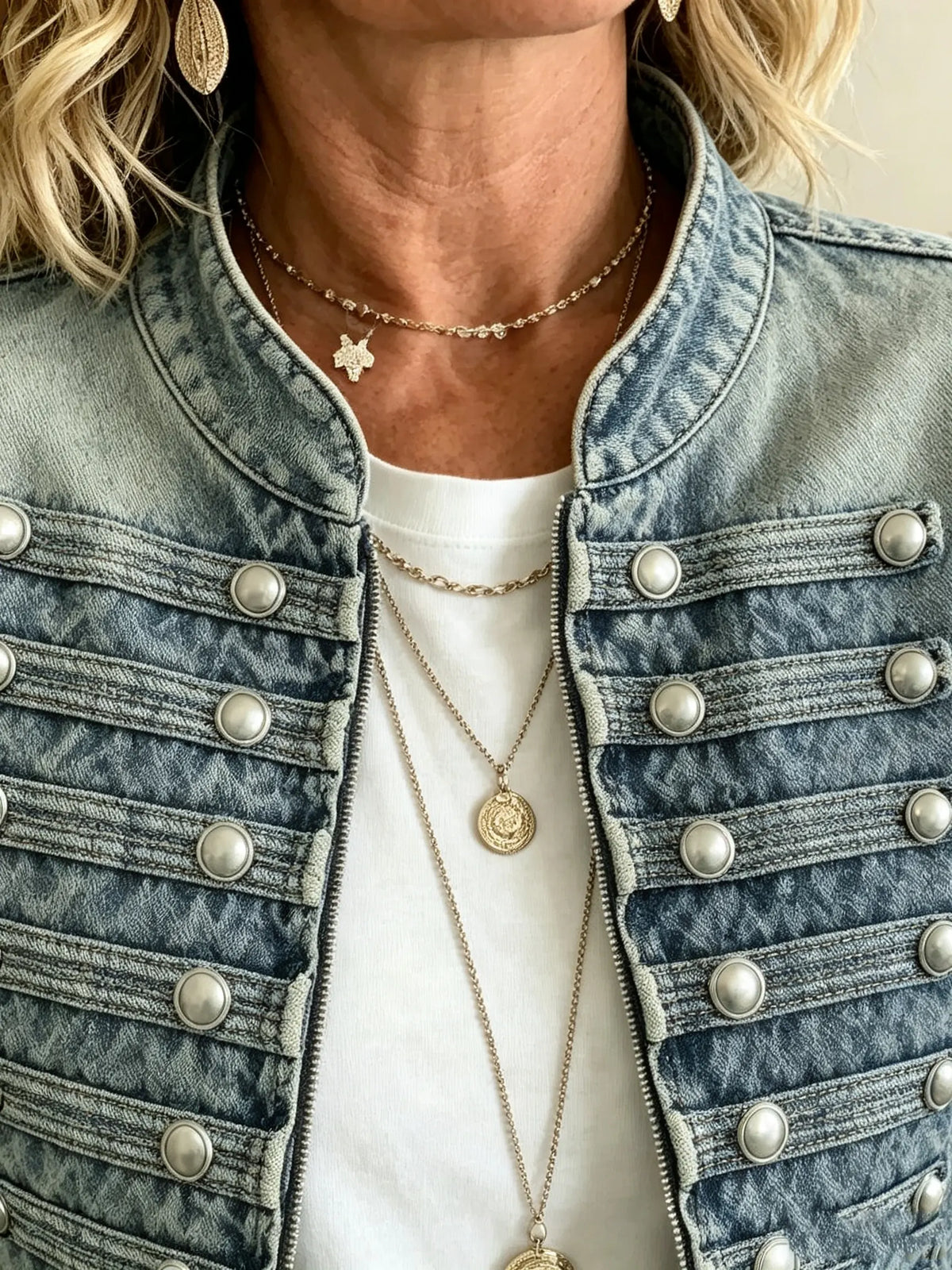 Women's Military Style Double-Breasted Denim Jacket