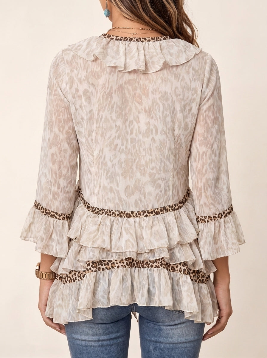 Women Boho Leopard Patchwork Ruffle Blouse V‑Neck Tie Front Flare 3/4 Sleeve Chiffon Top