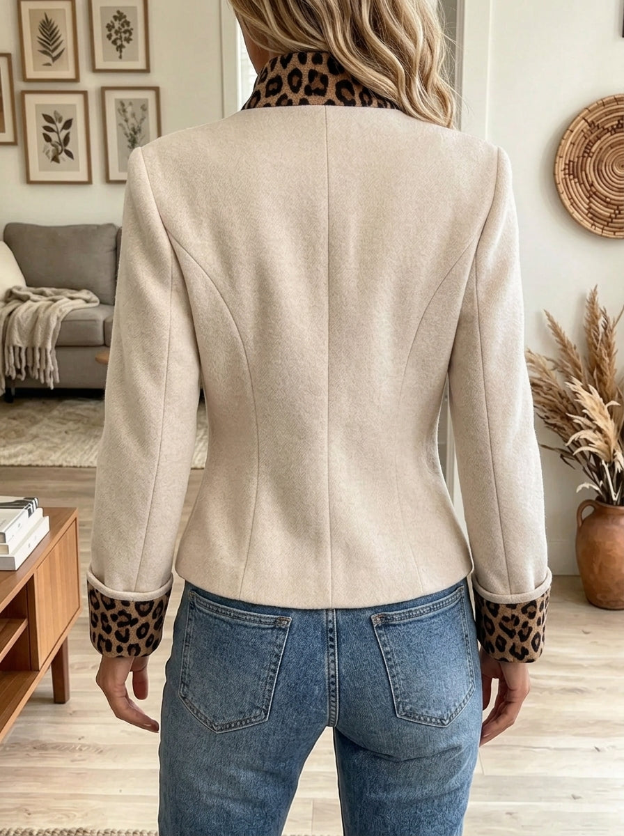 Women's Leopard Trim Studded Woolen Jacket