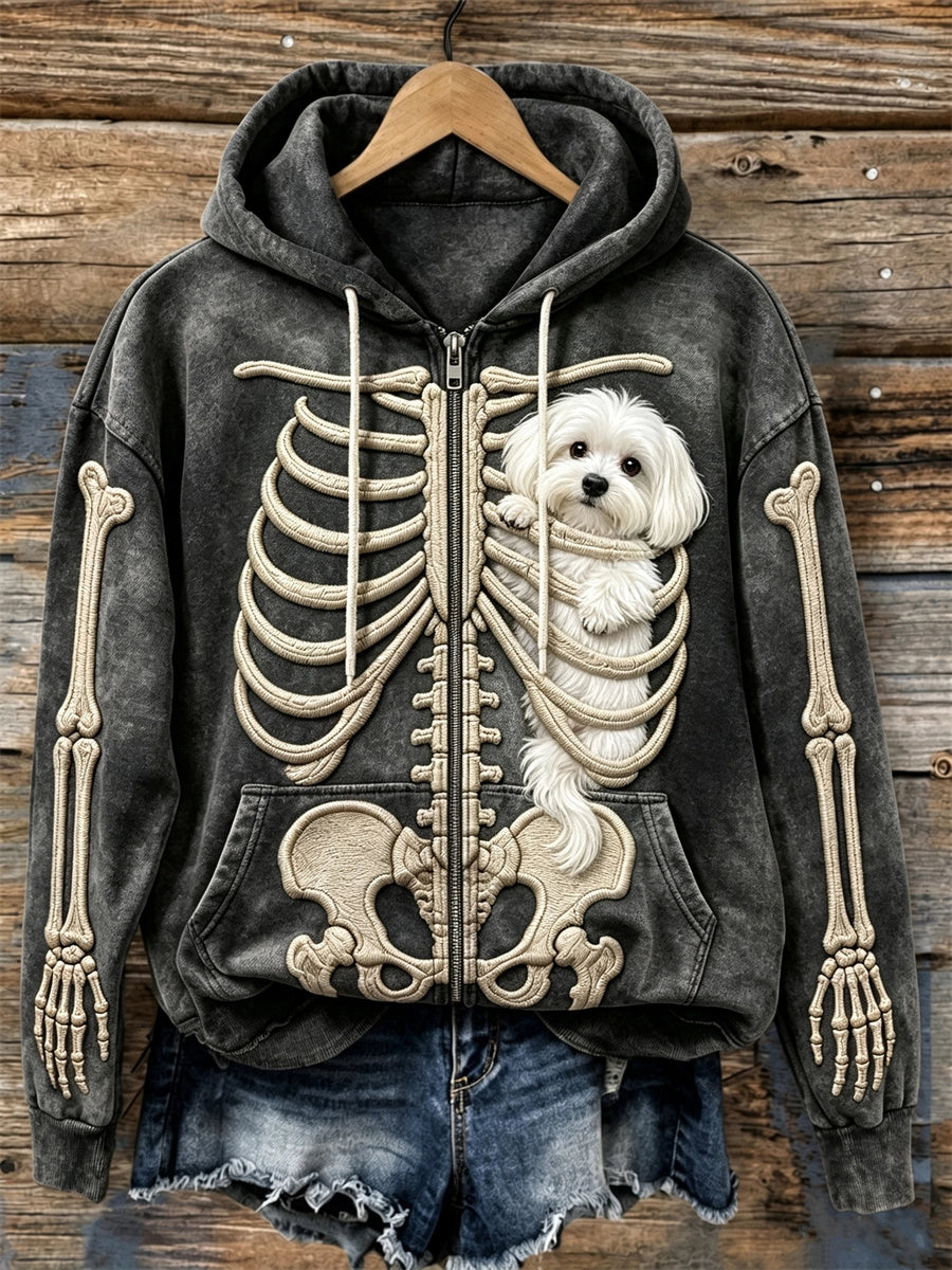 Women's Skeleton Ribcage Puppy Full-Zip Hoodie