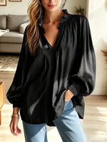 Elegant Solid Color Ruffle Art Stylish Casual Long Sleeve Cotton Linen Shirt