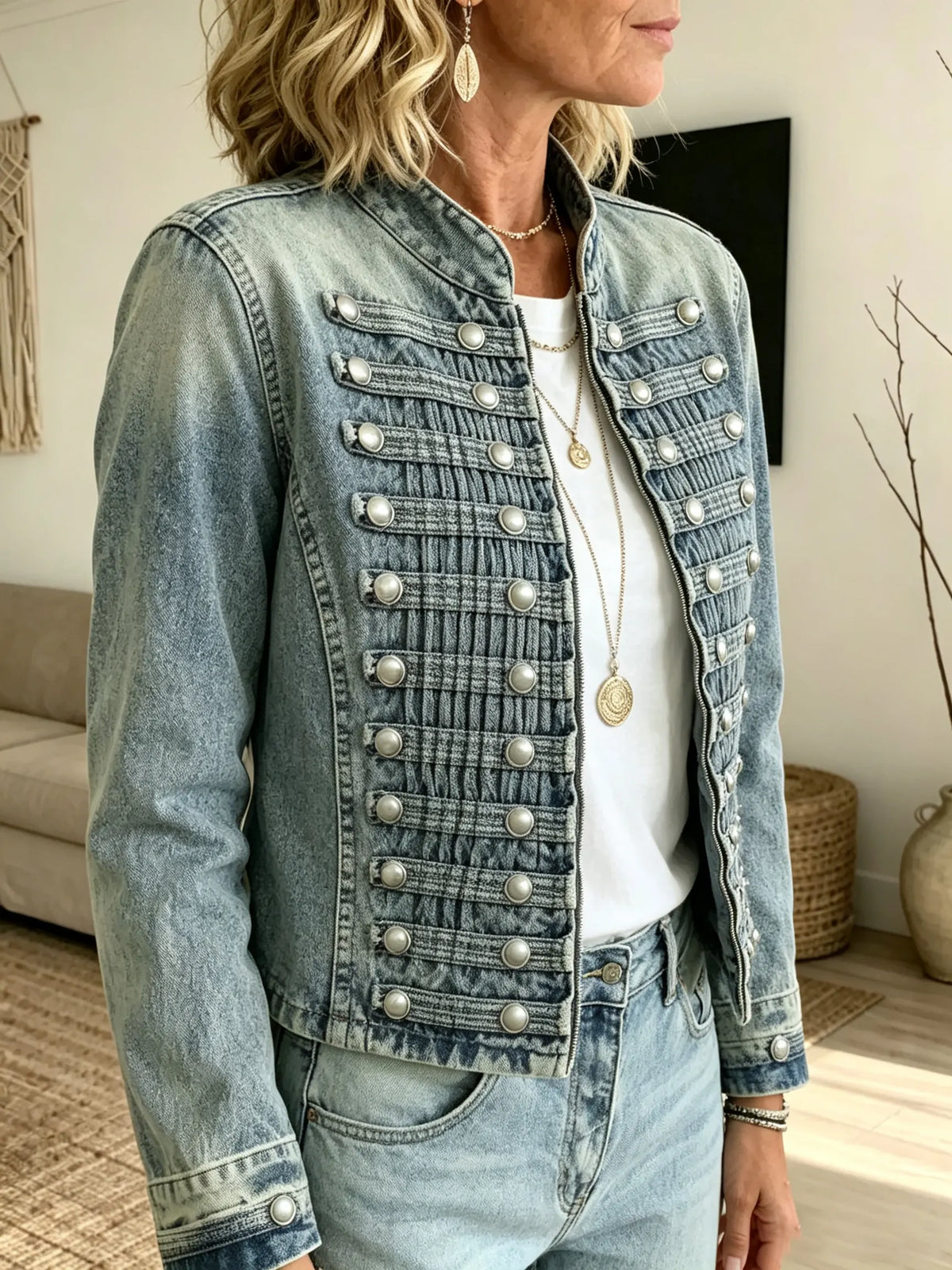 Women's Military Style Double-Breasted Denim Jacket