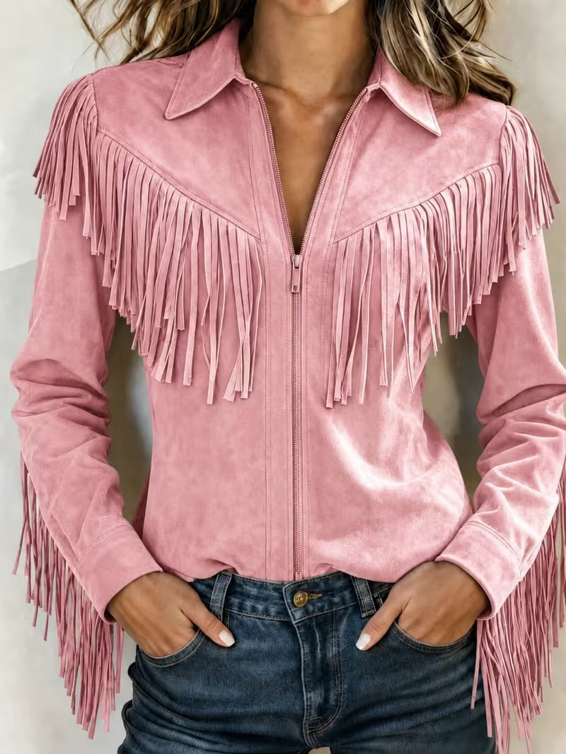 Women's Western Fringe Full-Zip Faux Suede Jacket