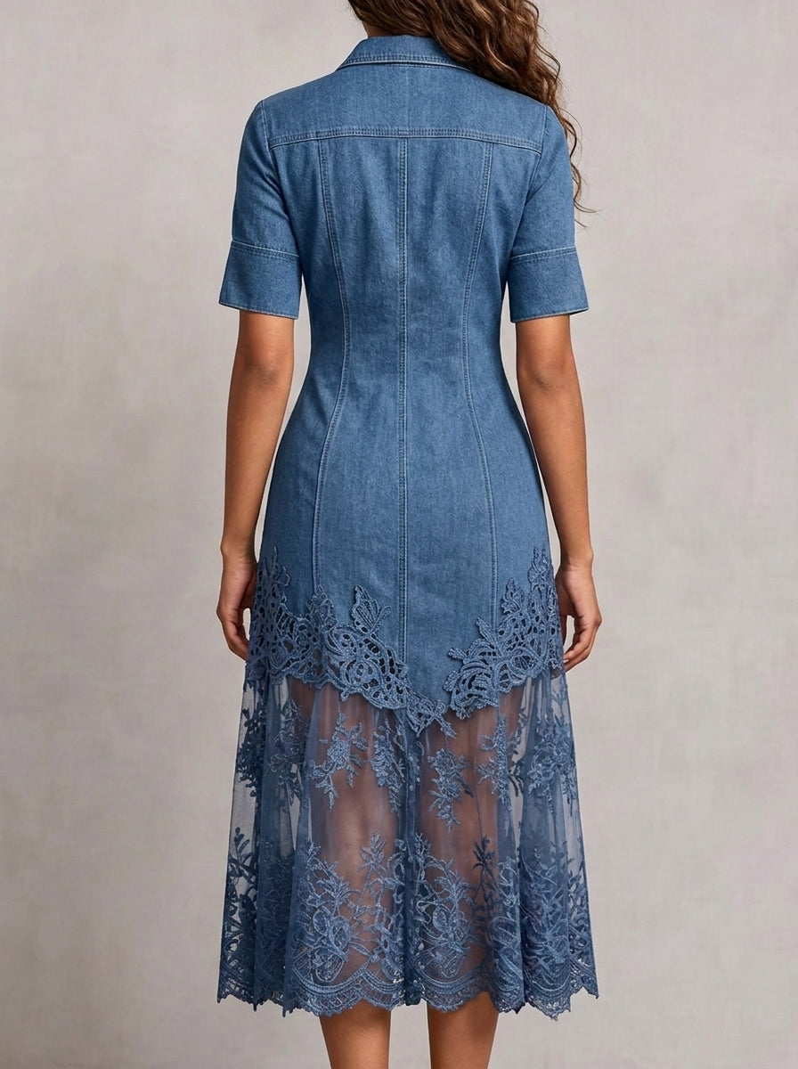ollared Button Front Denim Lace Spliced Short Sleeve Midi Dress