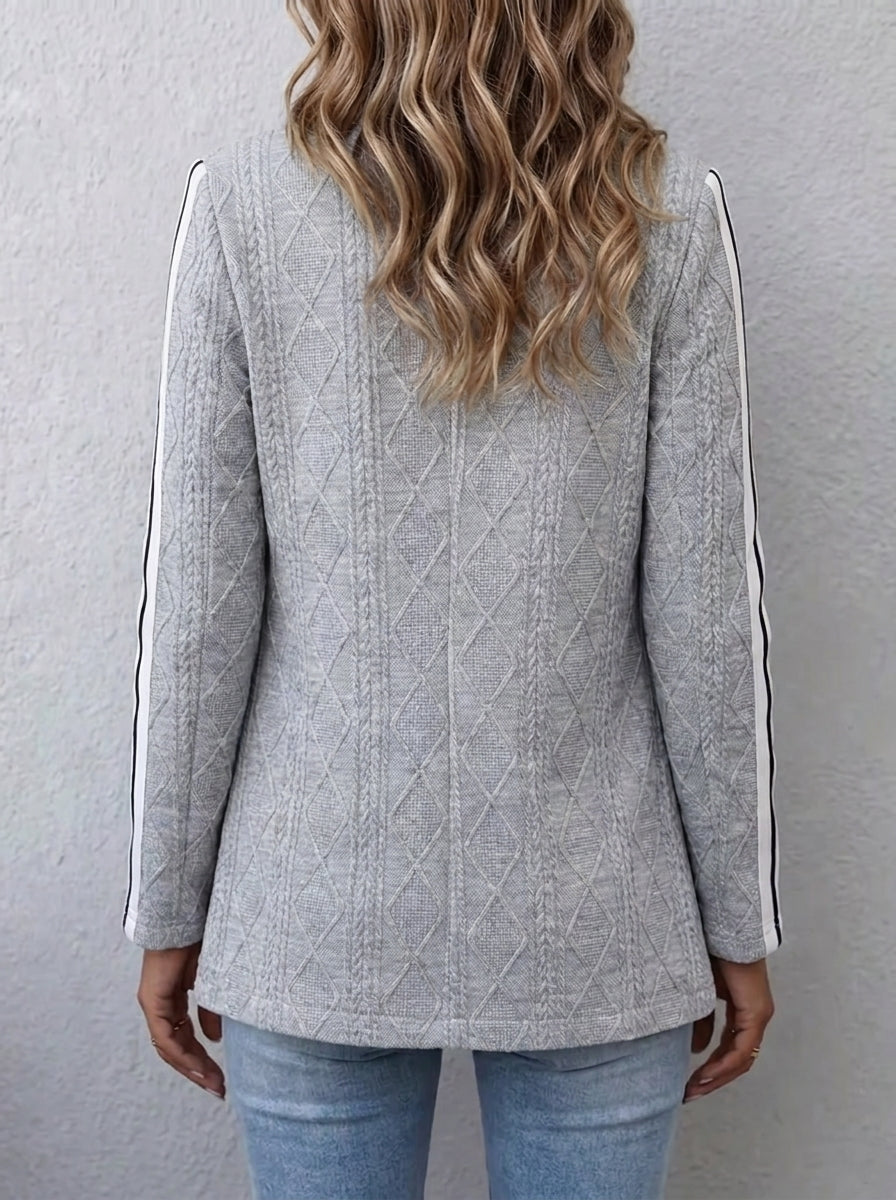 Women Cable Knit Blazer Jacket Notched Lapel Side Stripe Open Front Cardigan Coat With Pockets