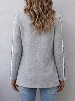 Women Cable Knit Blazer Jacket Notched Lapel Side Stripe Open Front Cardigan Coat With Pockets