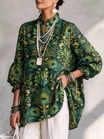 Retro Floral Peacock Feather Art Pattern Print Ruffle Casual Stylish Cotton Linen Shirt