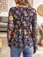 Retro Floral Pattern Art Print Casual Stylish Long Sleeve Mesh V Collar Shirt