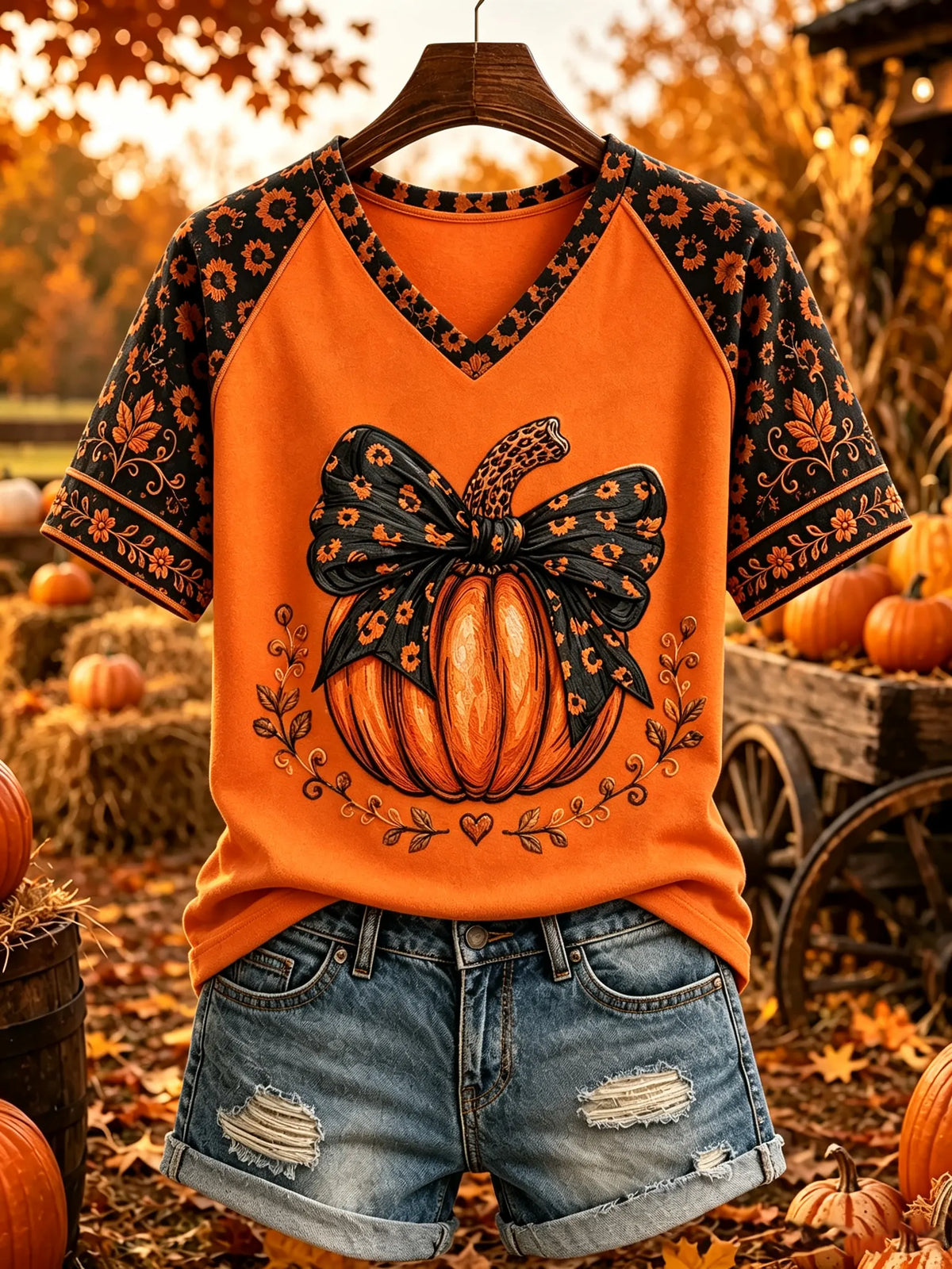 Women's Leopard Bow Pumpkin Floral Raglan T-Shirt