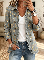 Women Vintage Bird Floral Print Ruffle Lapel Button Jacket