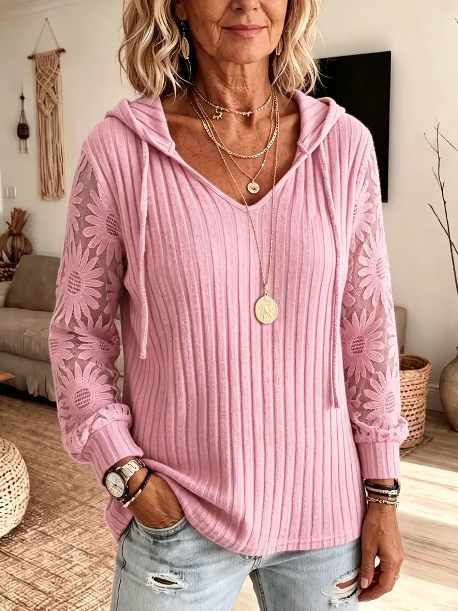 Retro Elegant Lace Hollow Patchwork Hooded Casual Long Sleeve Top