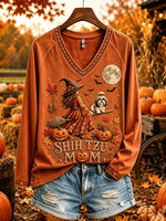 Women's Shih Tzu Mom Autumn Witch Long-Sleeve T-Shirt