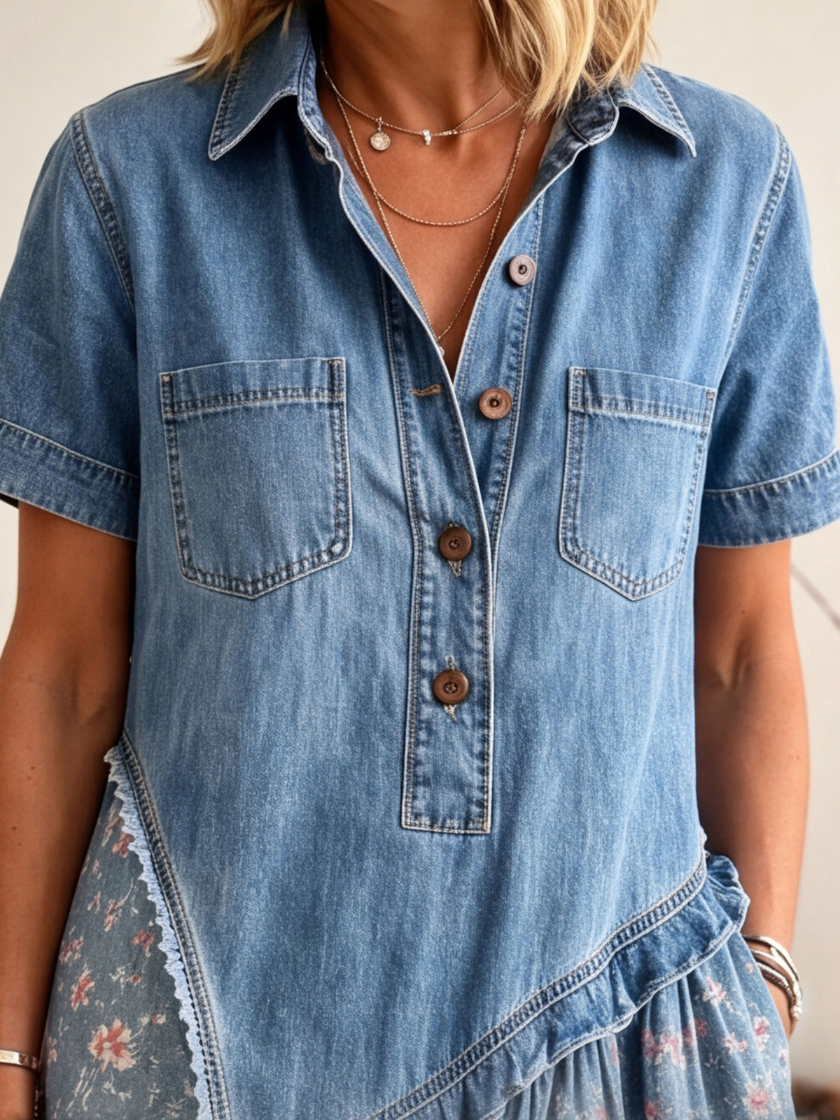 Women's Denim Leopard Patchwork Asymmetrical Tiered Maxi Dress With Pockets