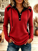 Women's Waffle Knit Colorblock Henley Hoodie