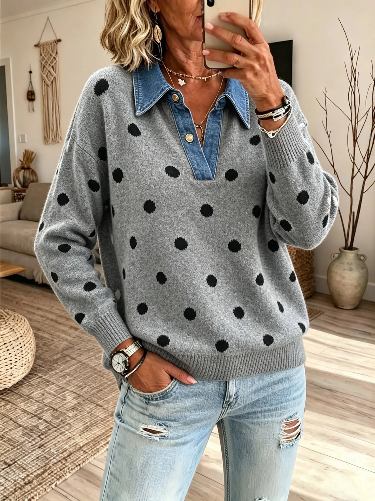 Women Polka Dot Print Denim Collar Fake Two Piece Knit Long Sleeve Top
