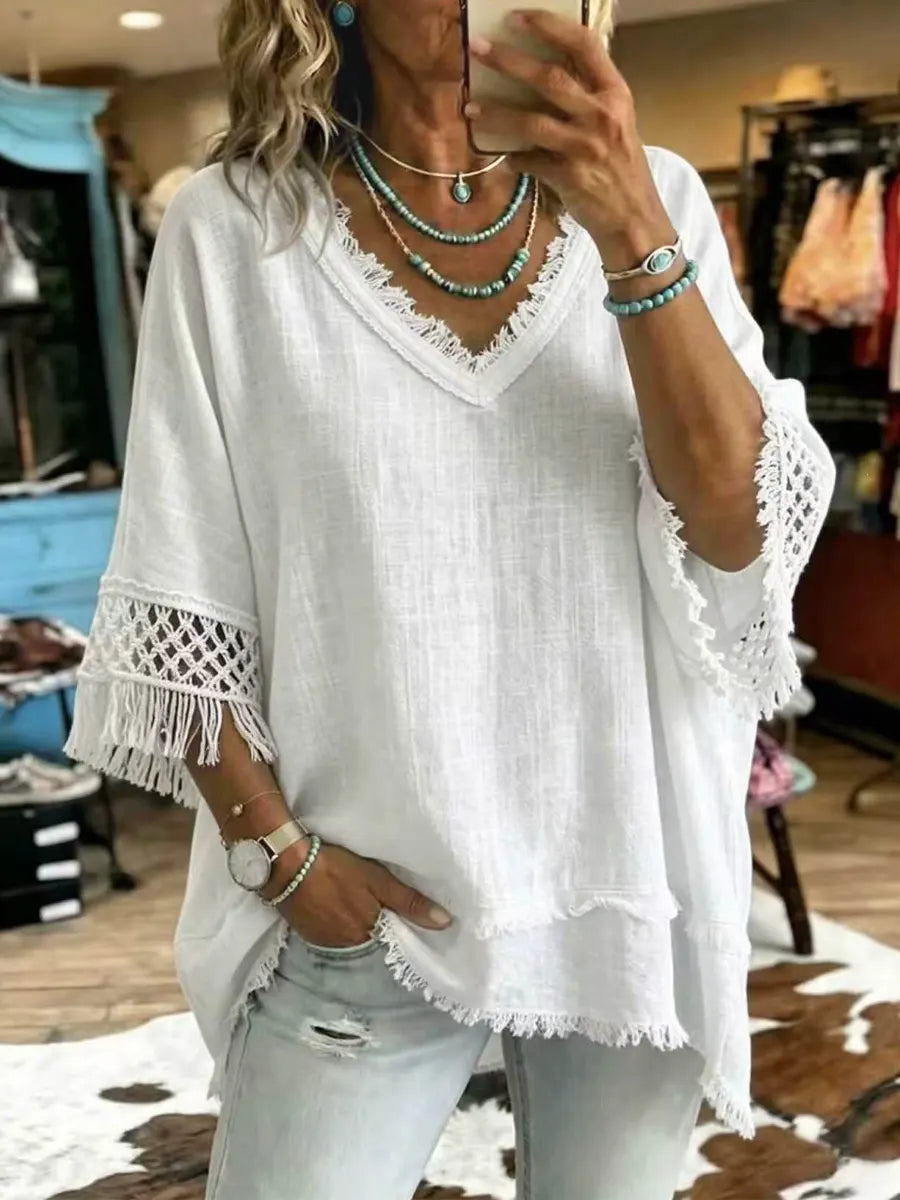 Retro Fringe Hollow Art Casual Stylish 3/4 Sleeve Cotton Linen Shirt