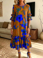 Retro Floral Pattern Art Print Casual Ruffle Stylish Cotton Linen Dress