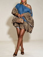 Women Denim Leopard Spliced One‑Shoulder Top Flare Bell Sleeve Ruffle Hem Tunic Blouse
