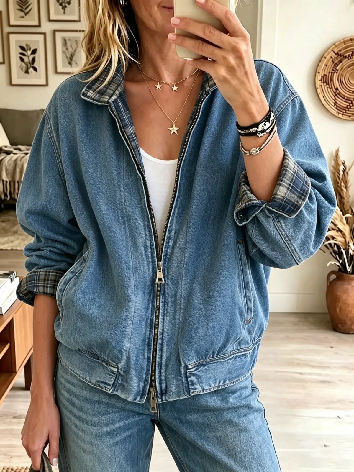 Women's Plaid Lined Full-Zip Denim Bomber Jacket