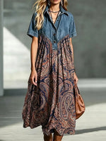 Retro Floral Pattern Art Print Casual Stylish Lapel Denim Patchwork Dress
