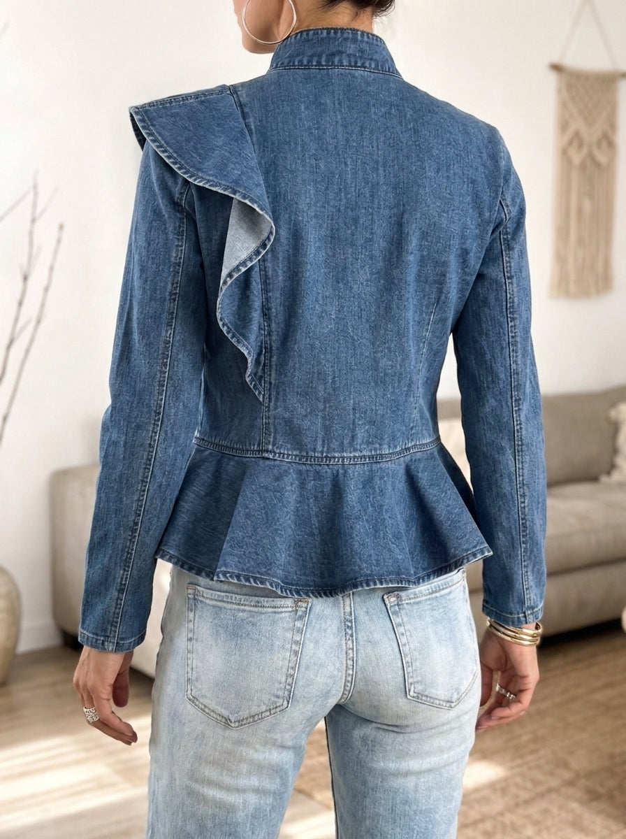 Women Denim Ruffle Peplum Top Stand Collar Gold Button Long Sleeve Slim Blouse