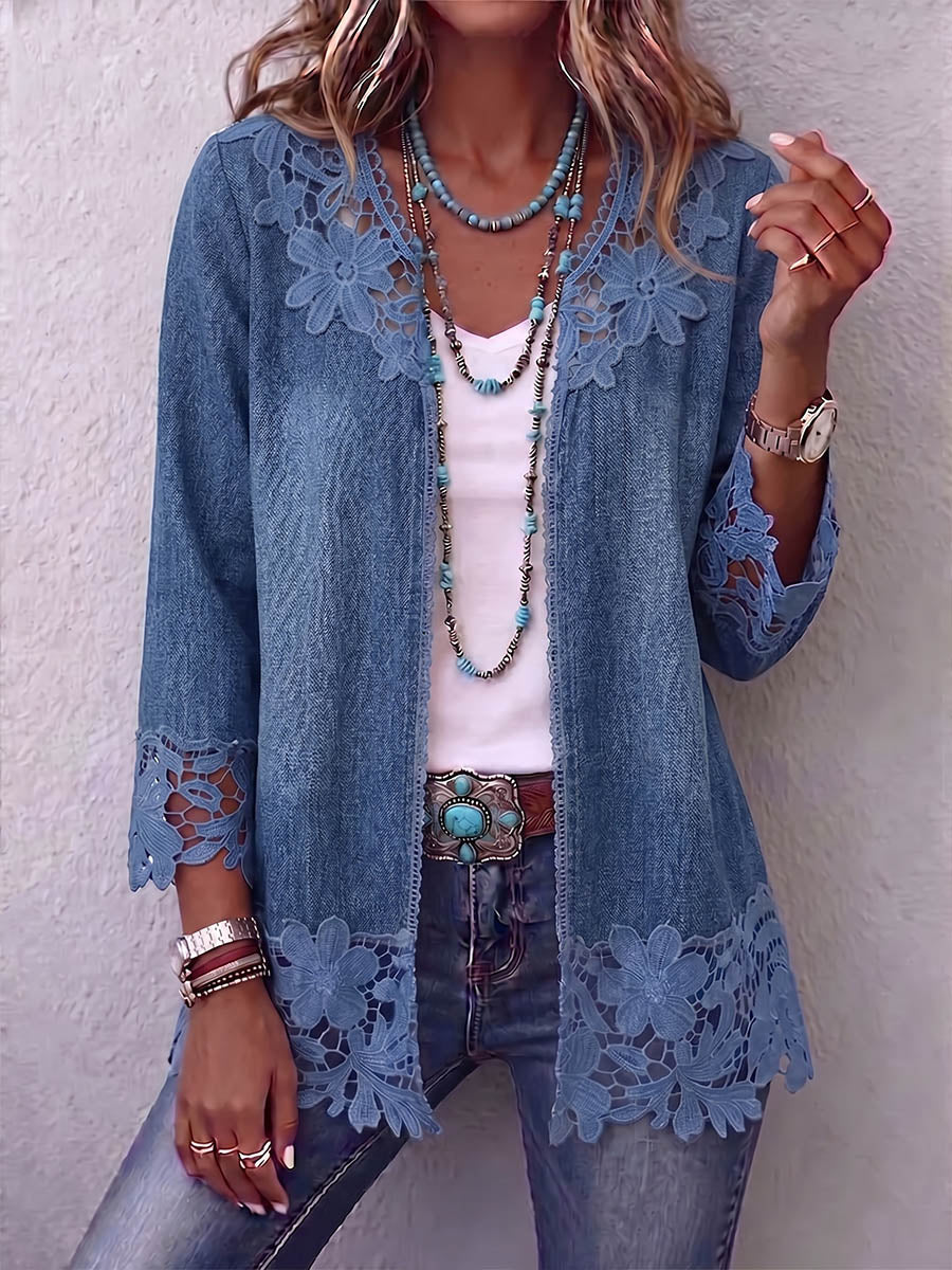 Vintage Elegant Hollowed Out Lace Patchwork Denim Ruffled Jacket