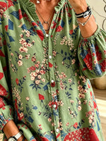 Women's Pastoral Floral Geometric Spliced Print Ruffle V-Neck Blouse