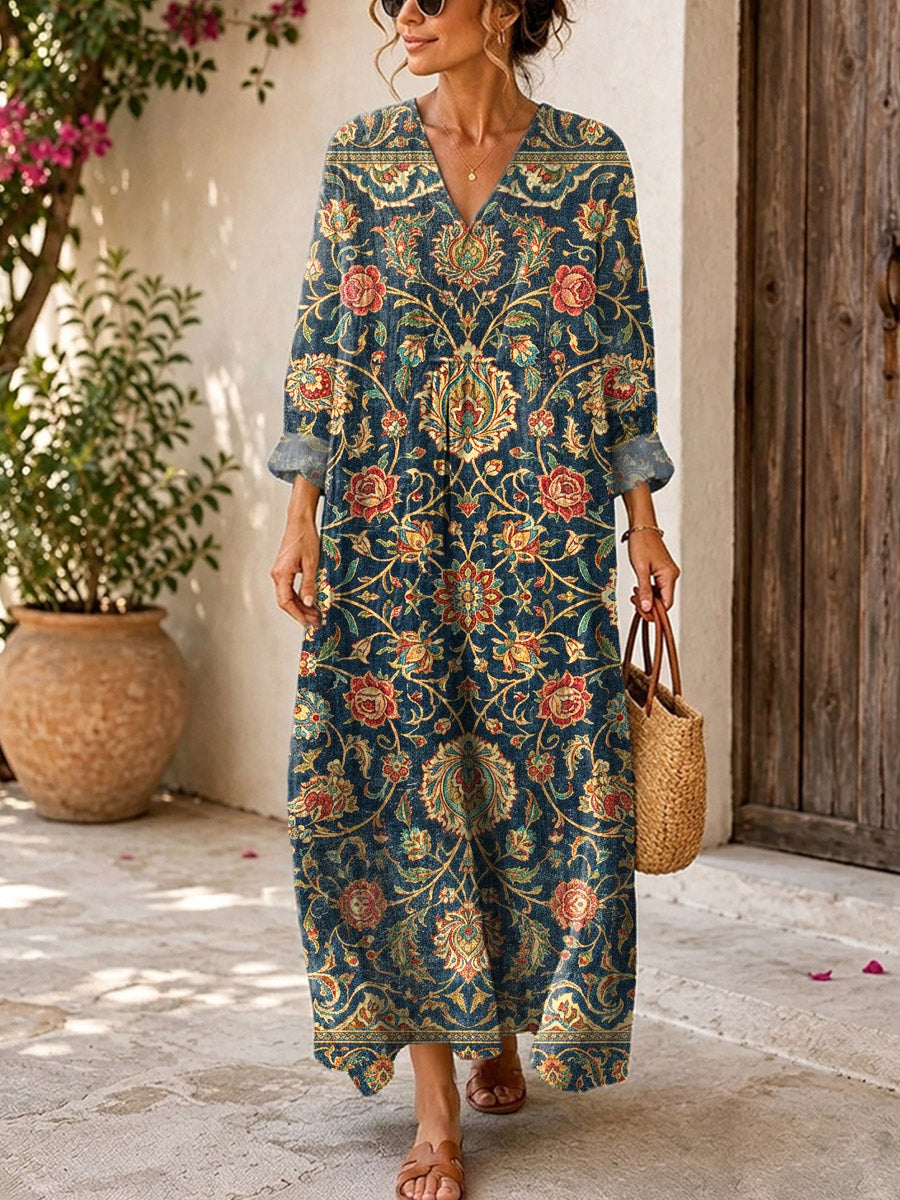 Retro Ethnic Floral Pattern Art Print Casual V-neck Long Sleeve Cotton Linen Maxi Dress