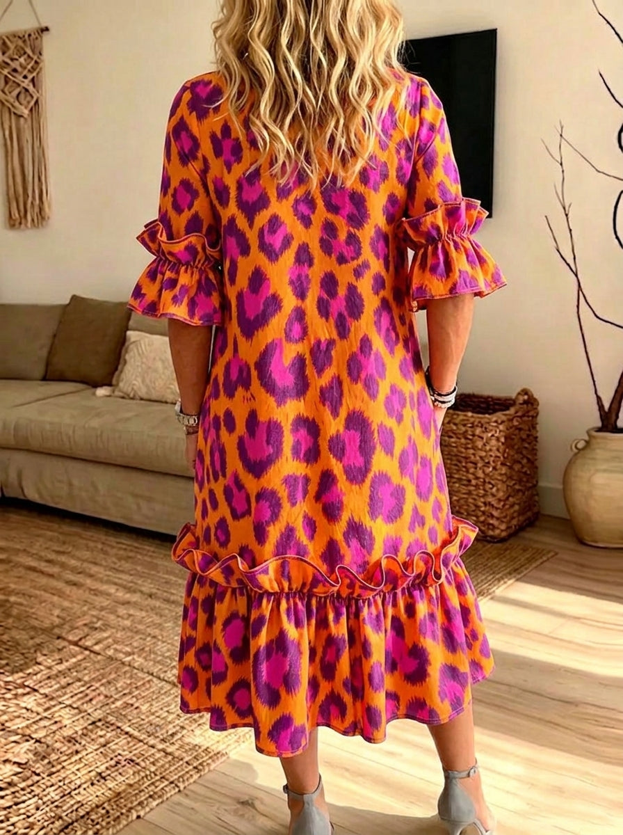 Women Leopard Print Ruffle Midi Dress Casual Loose Pocket Summer Dress