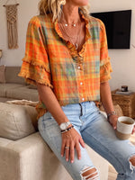 Womens Ruffle Collar Plaid Fringe Trim Short Sleeve Button Blouse