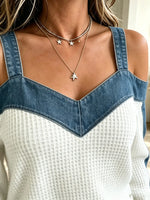 Women's Denim Yoke Cold-Shoulder Waffle Top