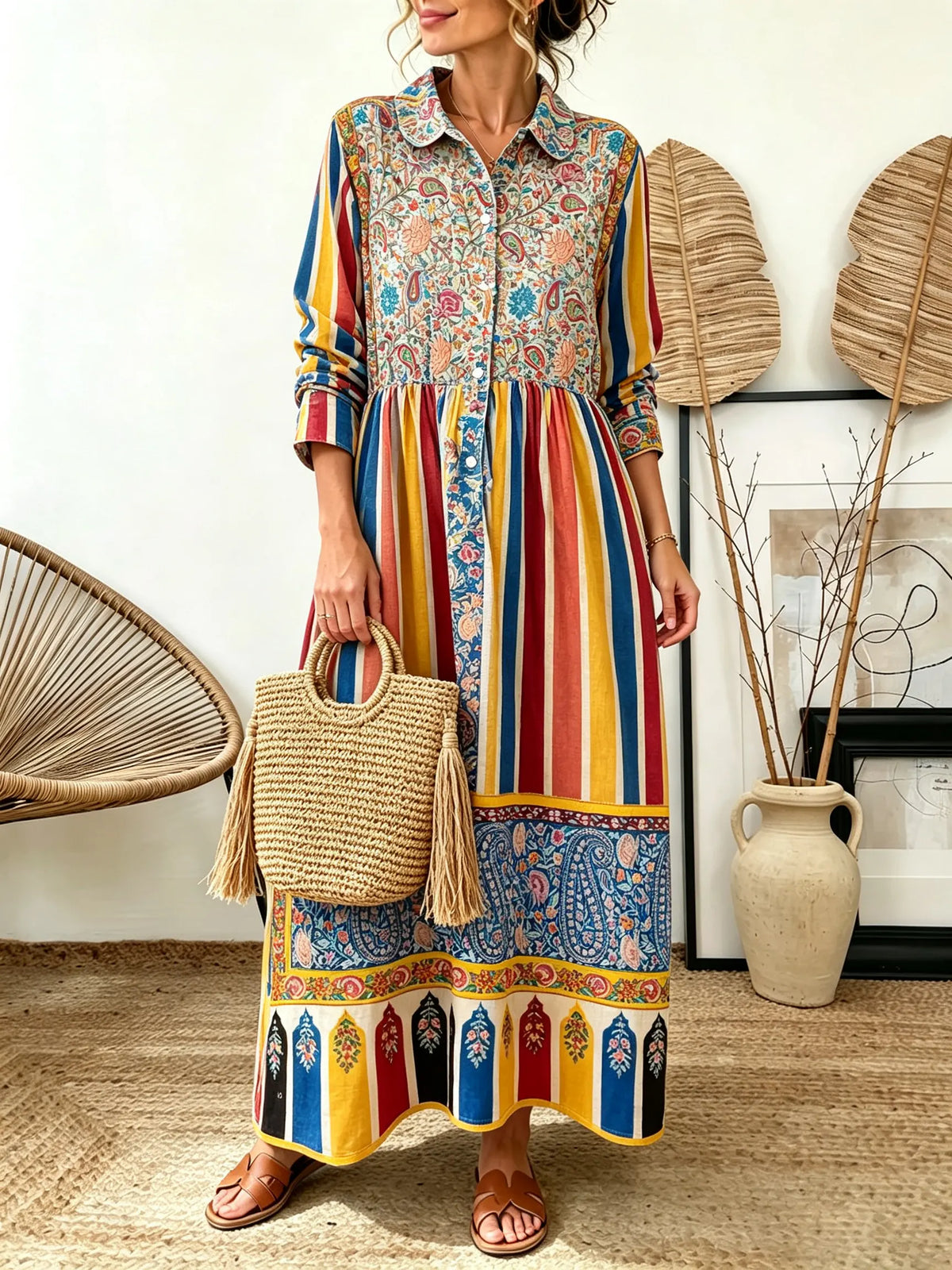Women's Stripe Paisley Patchwork Print Collared Long Sleeve Maxi Dress