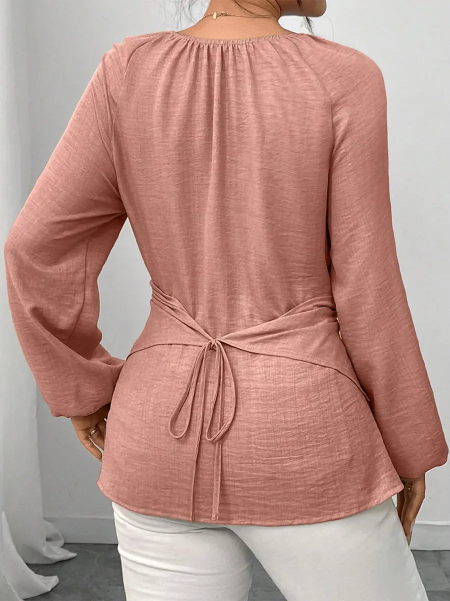 Retro Elegant Solid Color Round Collar Casual Long Sleeve Wrap Stylish Shirt