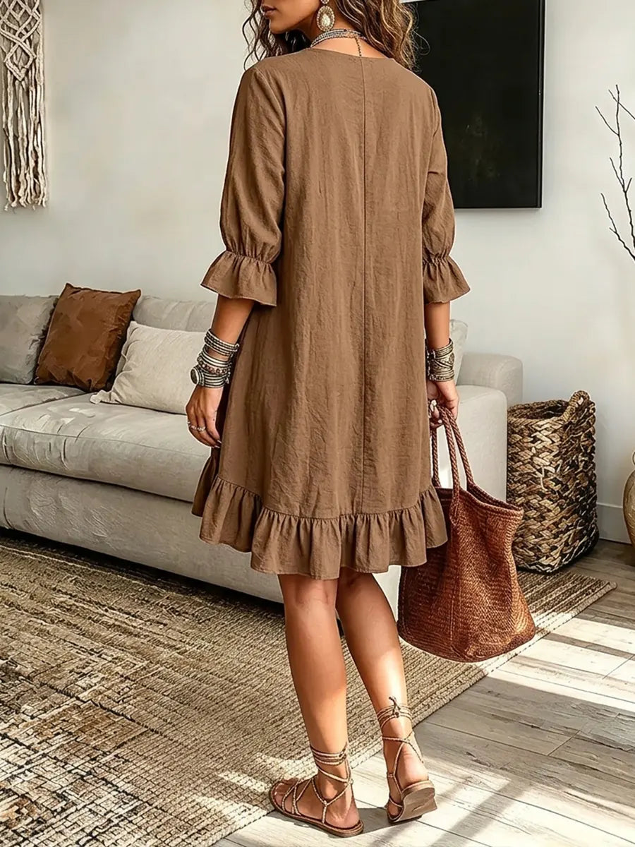 Vintage Elegant Cotton-linen V-neck Mid-sleeve Ruffle Dress