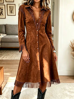 Women Western Faux Suede Fringe Long Sleeve Midi Shirt Dress
