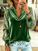 Women's Sequin Sleeve Velvet V-Neck Top
