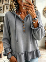 Vintage Elegant Hooded Waffle Knit Ruffle Shirt